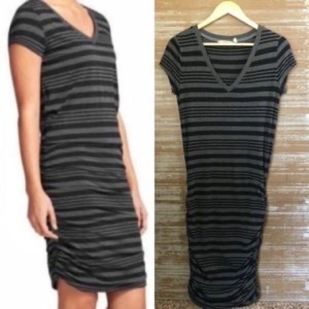 Athleta Topanga Black and Gray Striped Ruched Athletic Dress Size XS